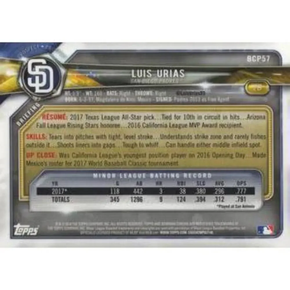 2018 Bowman Chrome Prospects Luis Urias BCP57 San Diego Padres